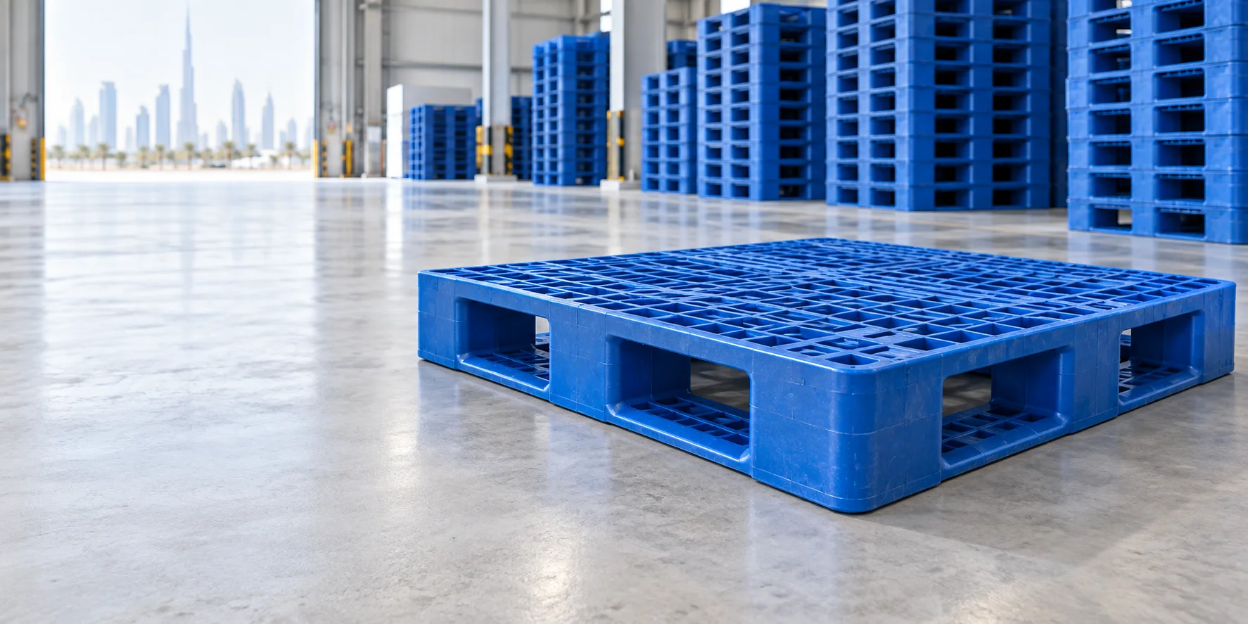 Blue three runner plastic pallet in a modern UAE warehouse